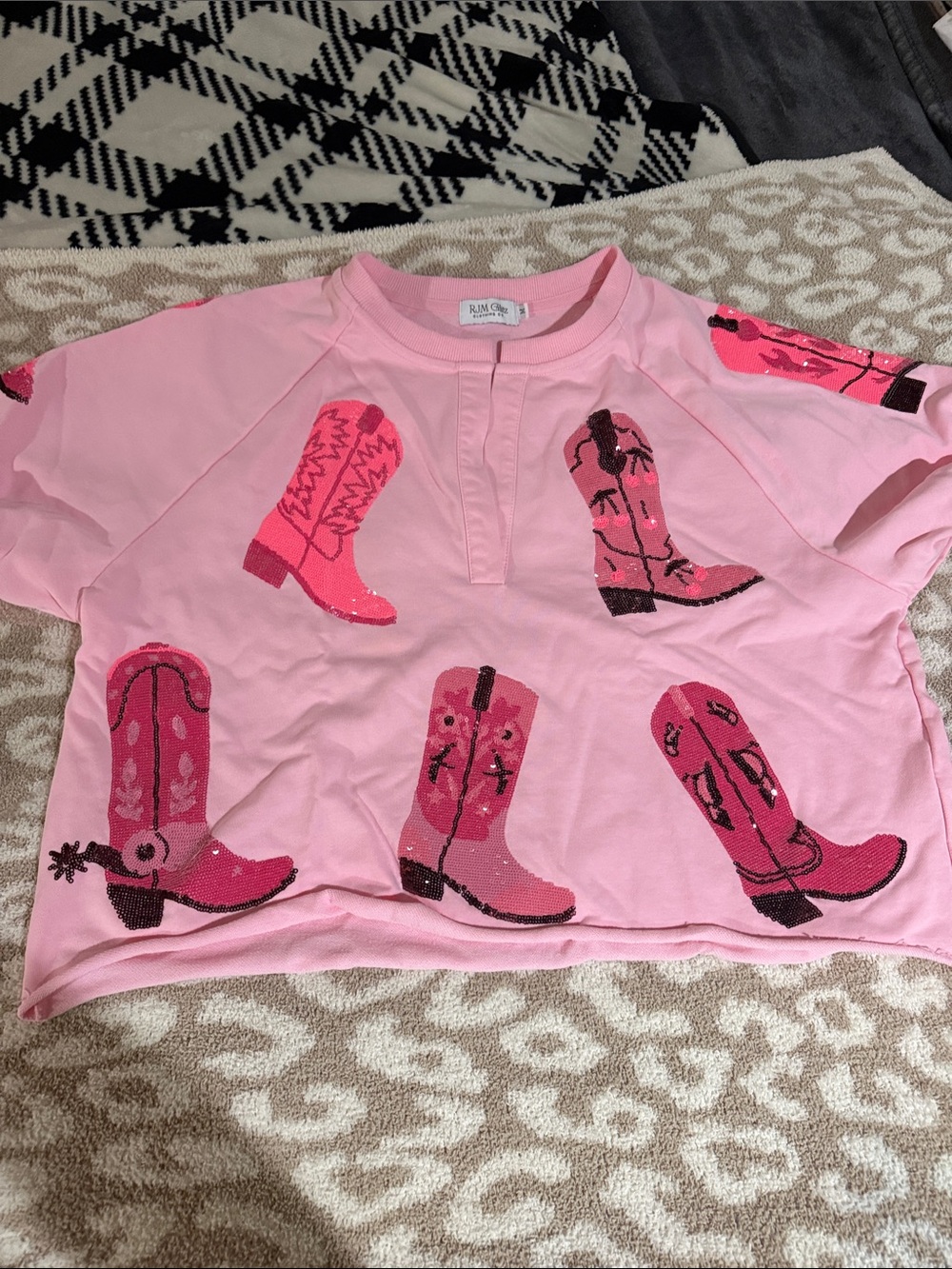 Pink Printed Two-Piece Skirt Set with Cowboy Boot Motif boutique sequinned - Picture 8 of 11